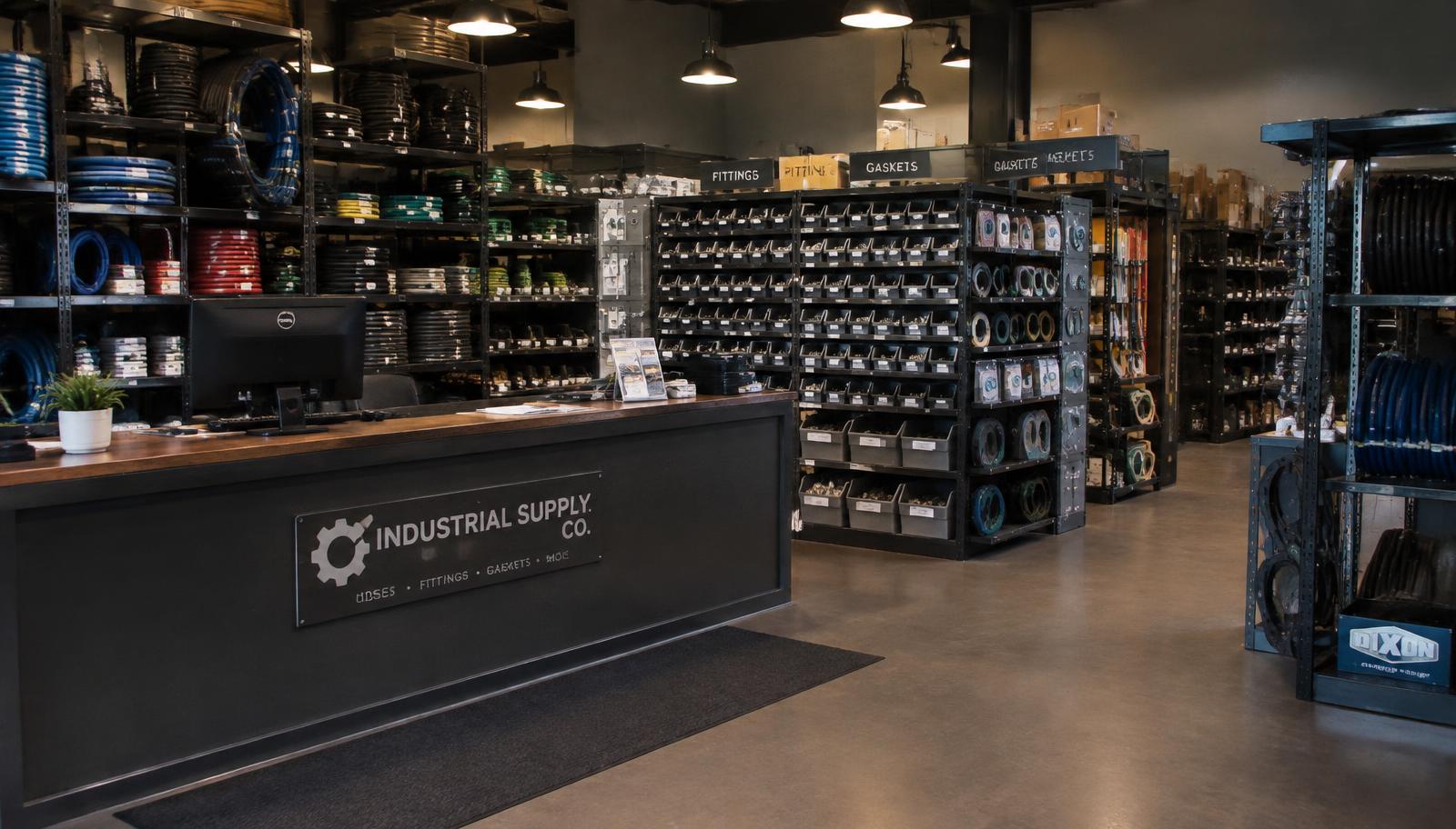 Supply counter with shelves of hoses, fittings and gaskets